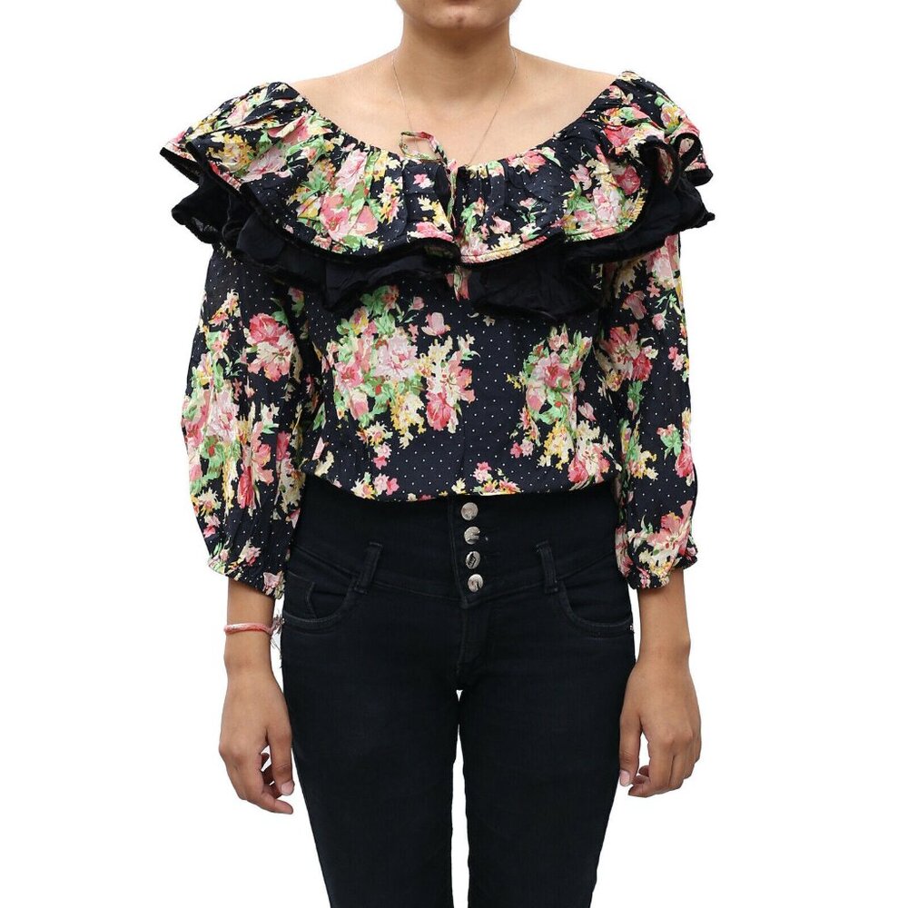Uterque Floral Printed Bodysuit Top Ruffled Resort Hawaiian Black M28 NWT